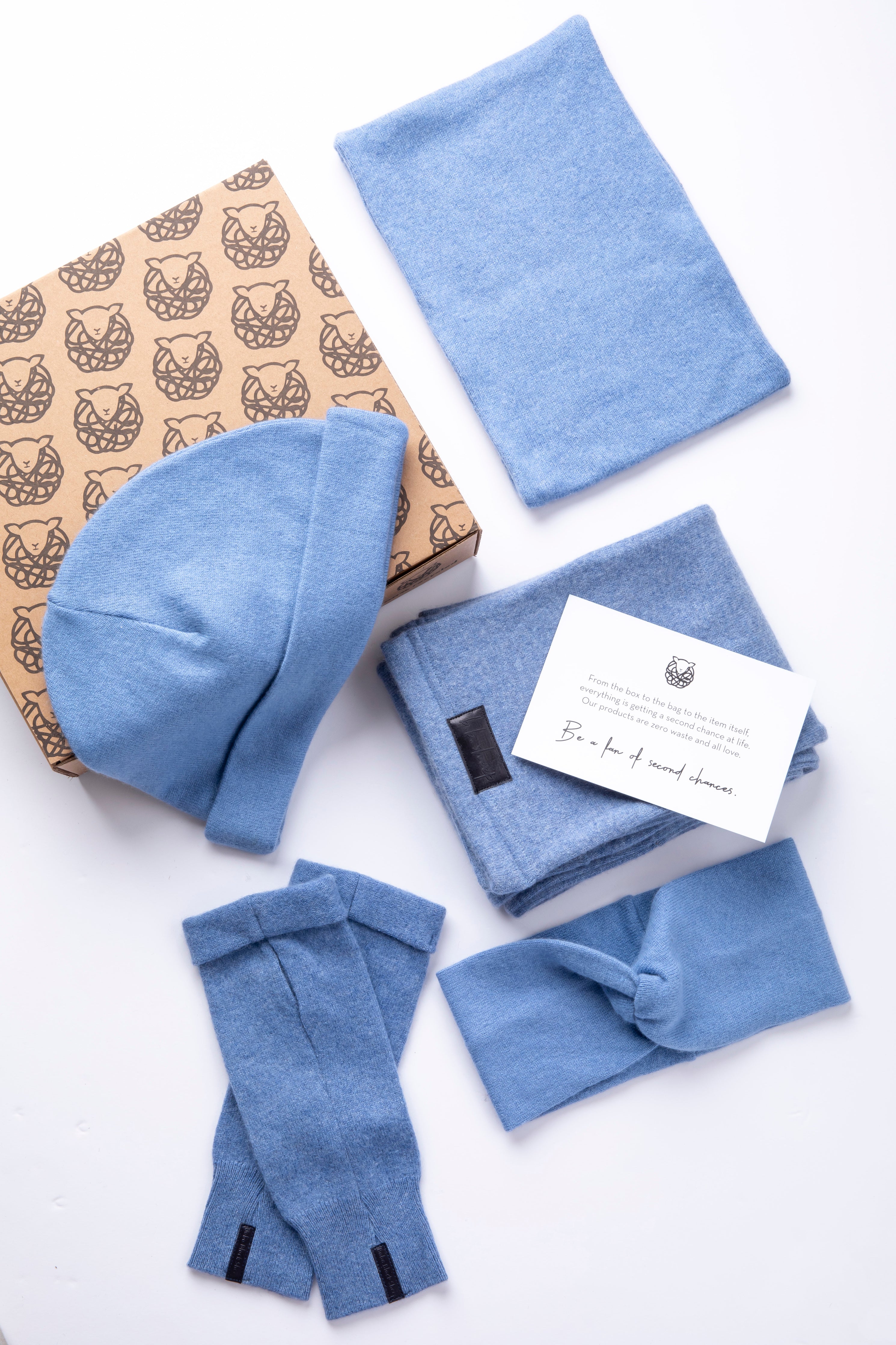 Light Blue - Winter Ready Box - Fingerless gloves, Headband, Open scarf, Beanie, Neck warmer