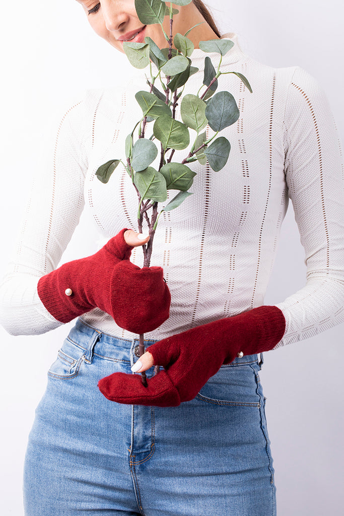 Dark Red - Cashmere Fingerless Flap Gloves