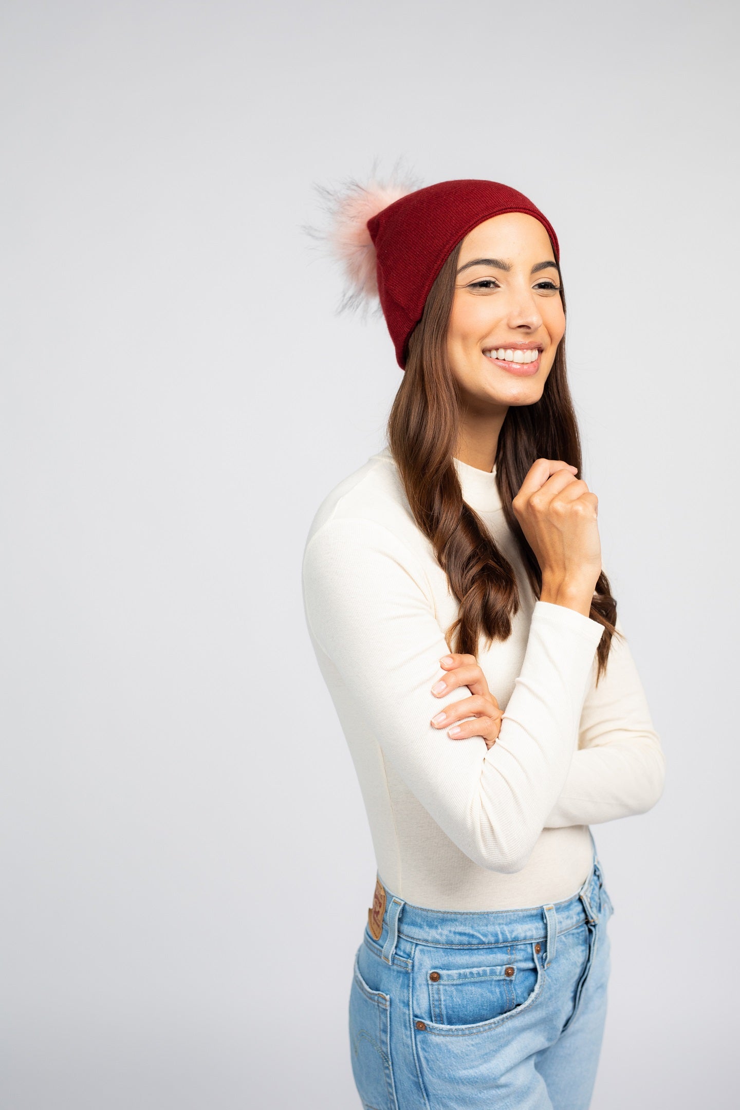 Maroon with Peach Pom Pom - Cashmere Beanie for Women