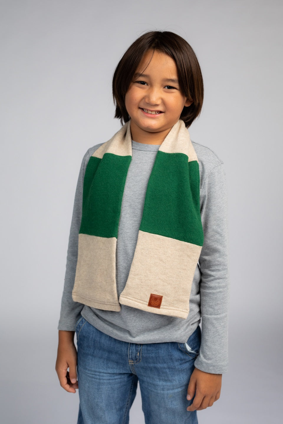 Green and Beige - Cashmere Open Scarf for Kids