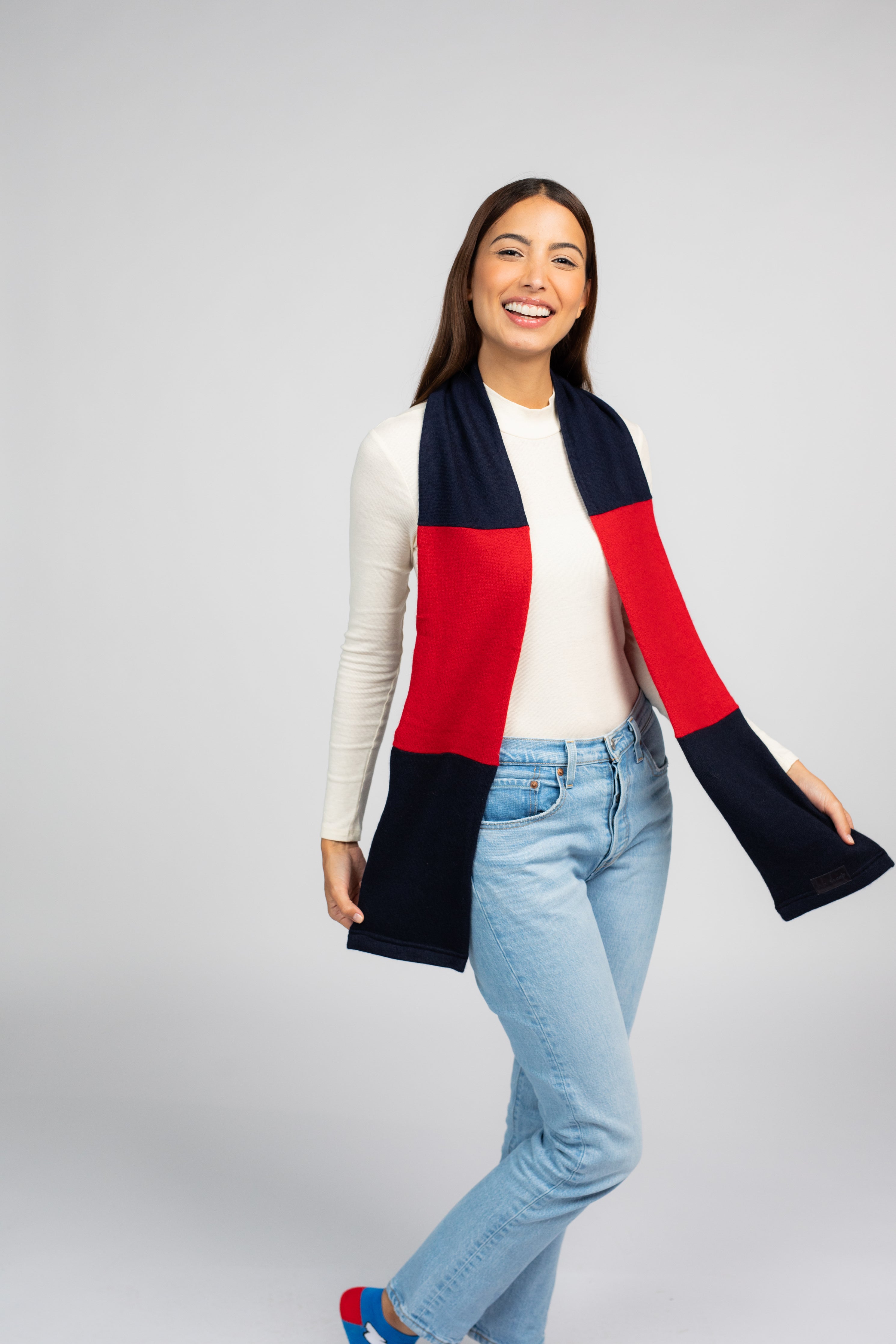 Navy and Red - Cashmere Open Scarf for Women