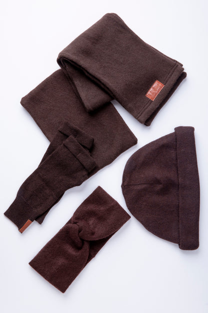 Dark Brown - Winter Ready Box - Fingerless gloves, Headband, Open scarf, Beanie, Neck warmer