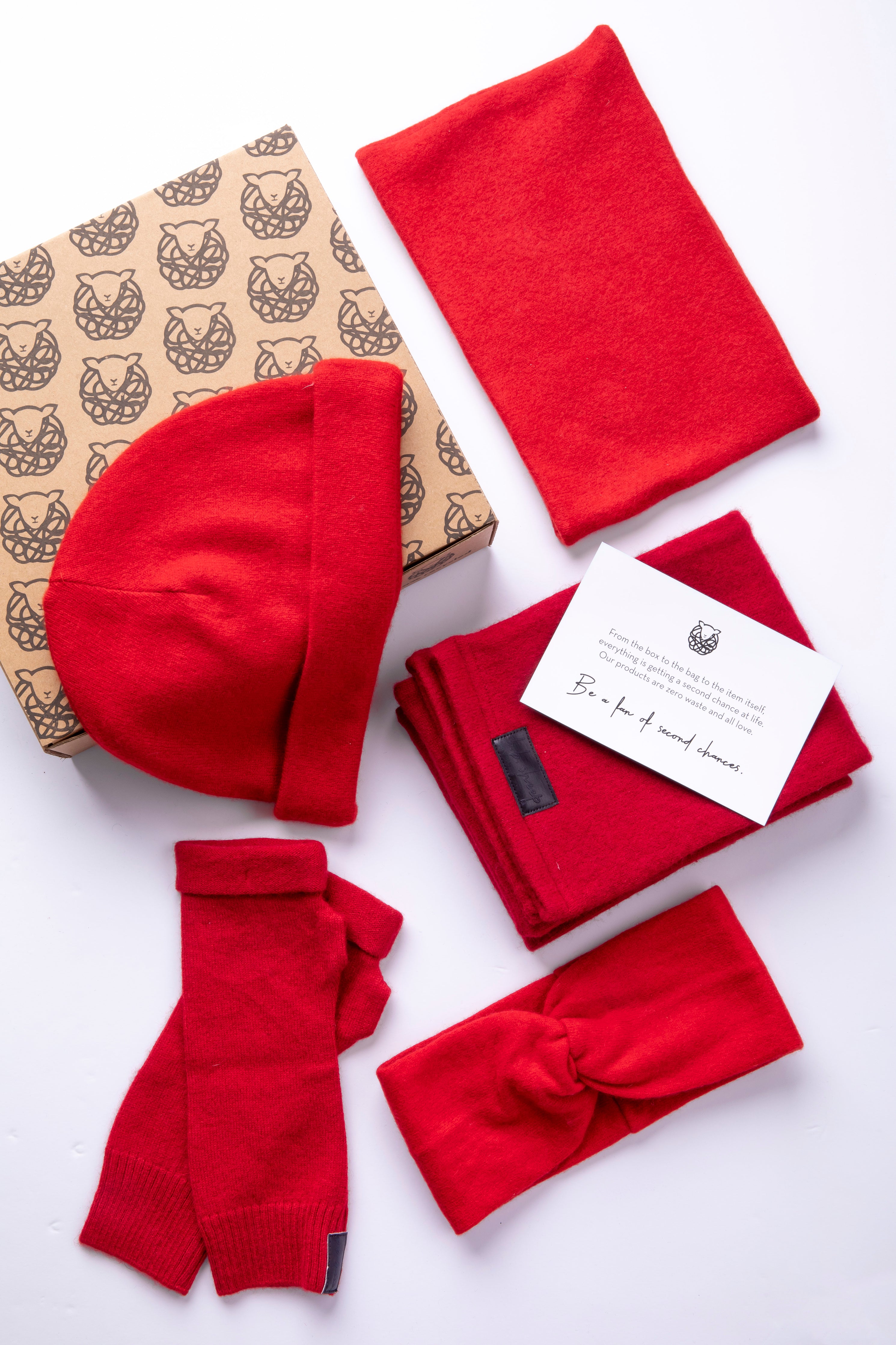 Bright Red - Winter Ready Box - Fingerless gloves, Headband, Infinity scarf, Beanie, Neck warmer
