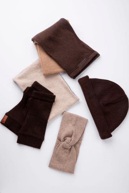 Brown and Beige - Assorted Winter Ready Box - Fingerless gloves, Headband, Open scarf, Beanie, Neck warmer