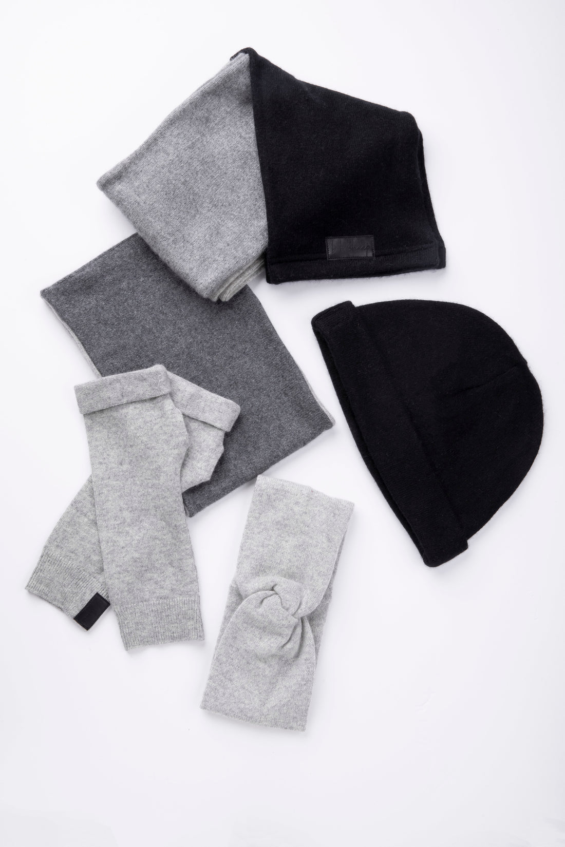 Gray and Black - Assorted Winter Ready Box - Fingerless gloves, Headband, Open scarf, Beanie, Neck warmer