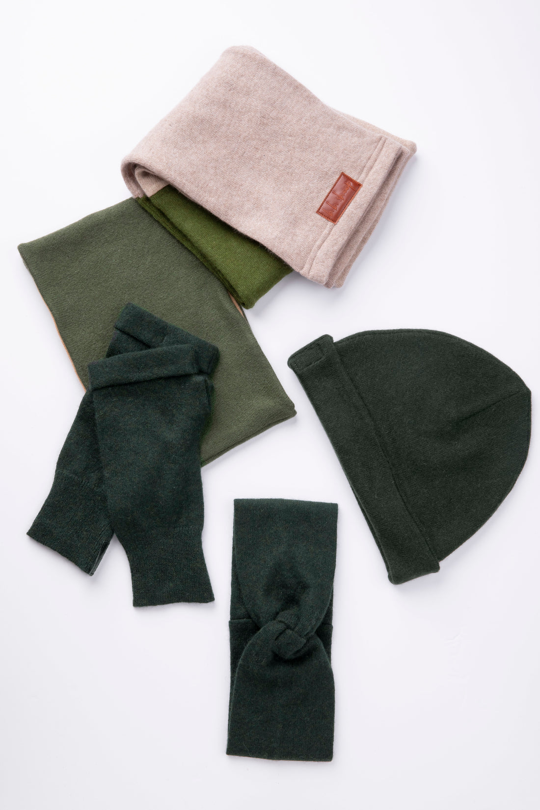 Green and Beige - Assorted Winter Ready Box - Fingerless gloves, Headband, Open scarf, beanie, Neck warmer