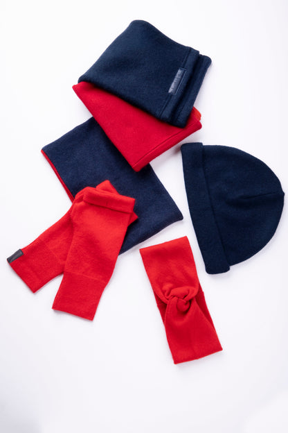 Red and Blue - Assorted Winter Ready Box - Fingerless gloves, Headband, Open scarf, Beanie, Neck warmer