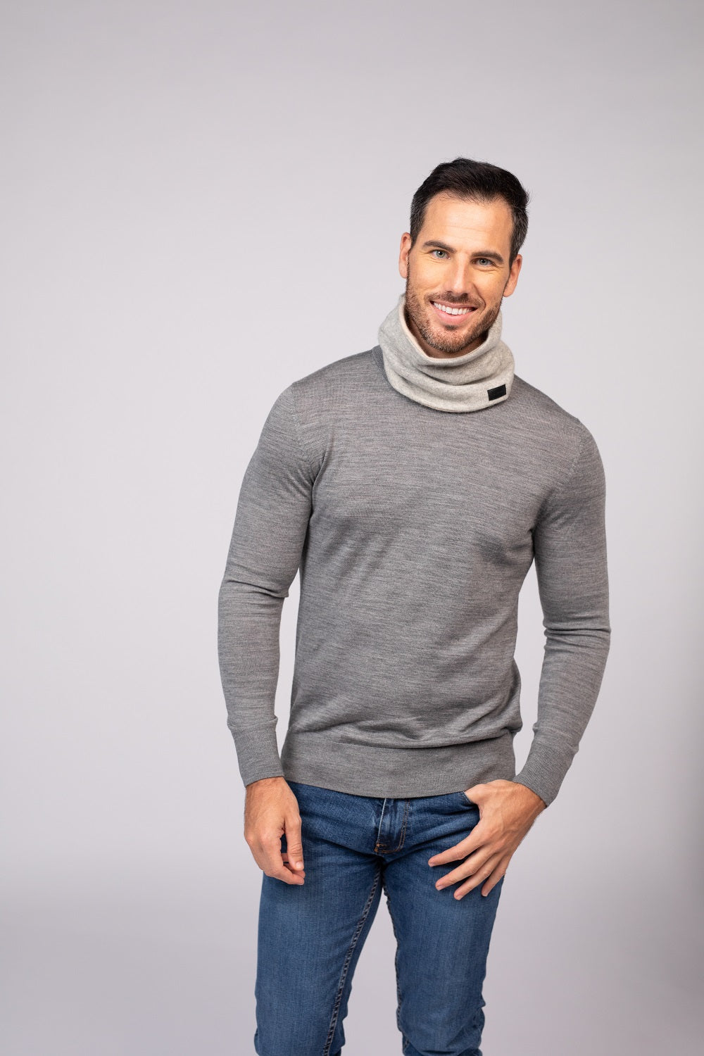 Light Beige and Gray- Cashmere Reversible Neck Warmer for Men