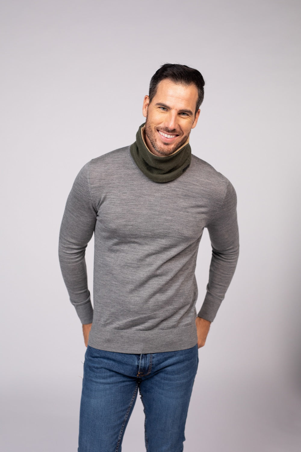 Olive Green and Beige - Cashmere Reversible Neck Warmer for Men