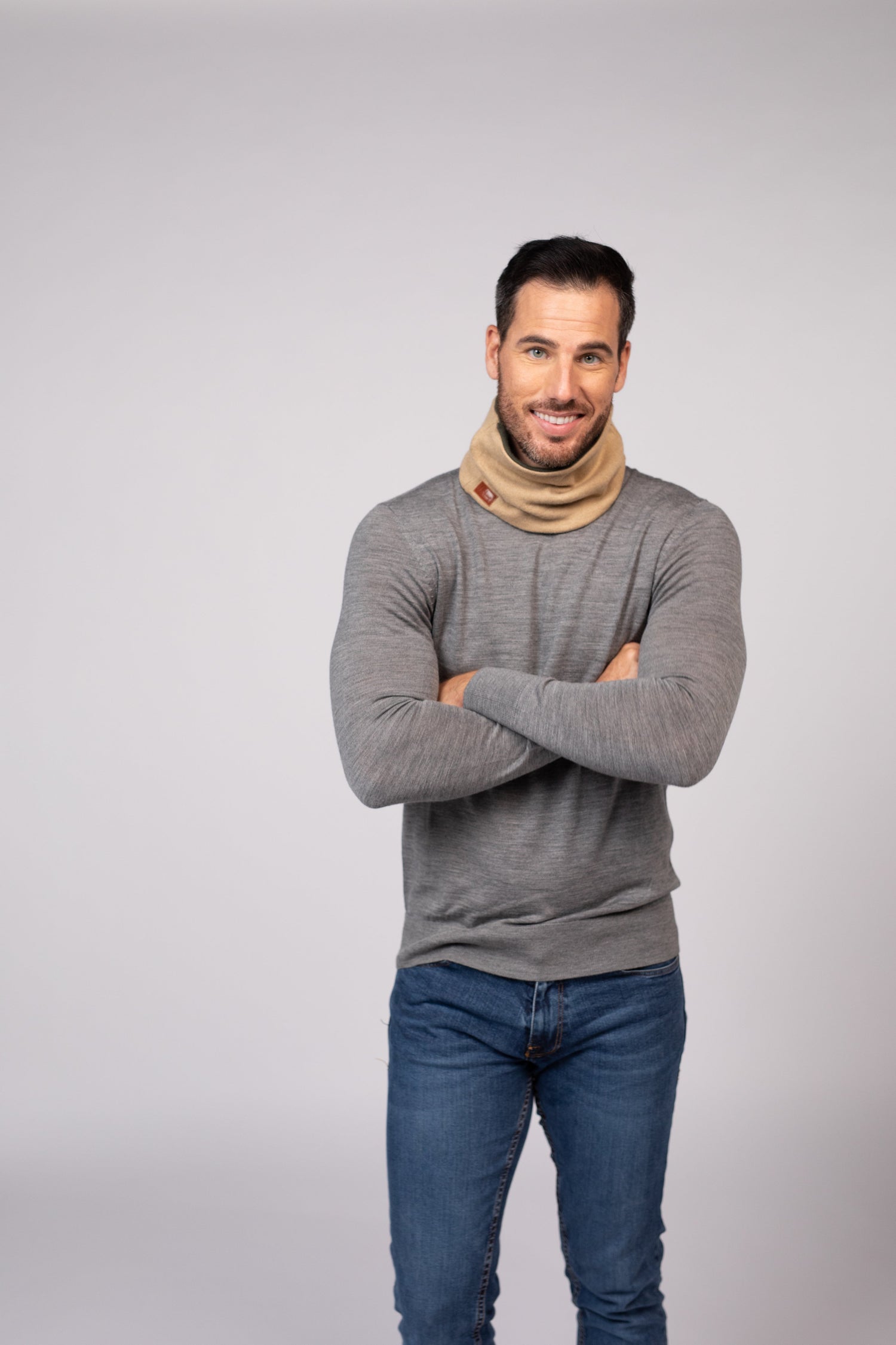 Olive Green and Beige - Cashmere Reversible Neck Warmer for Men