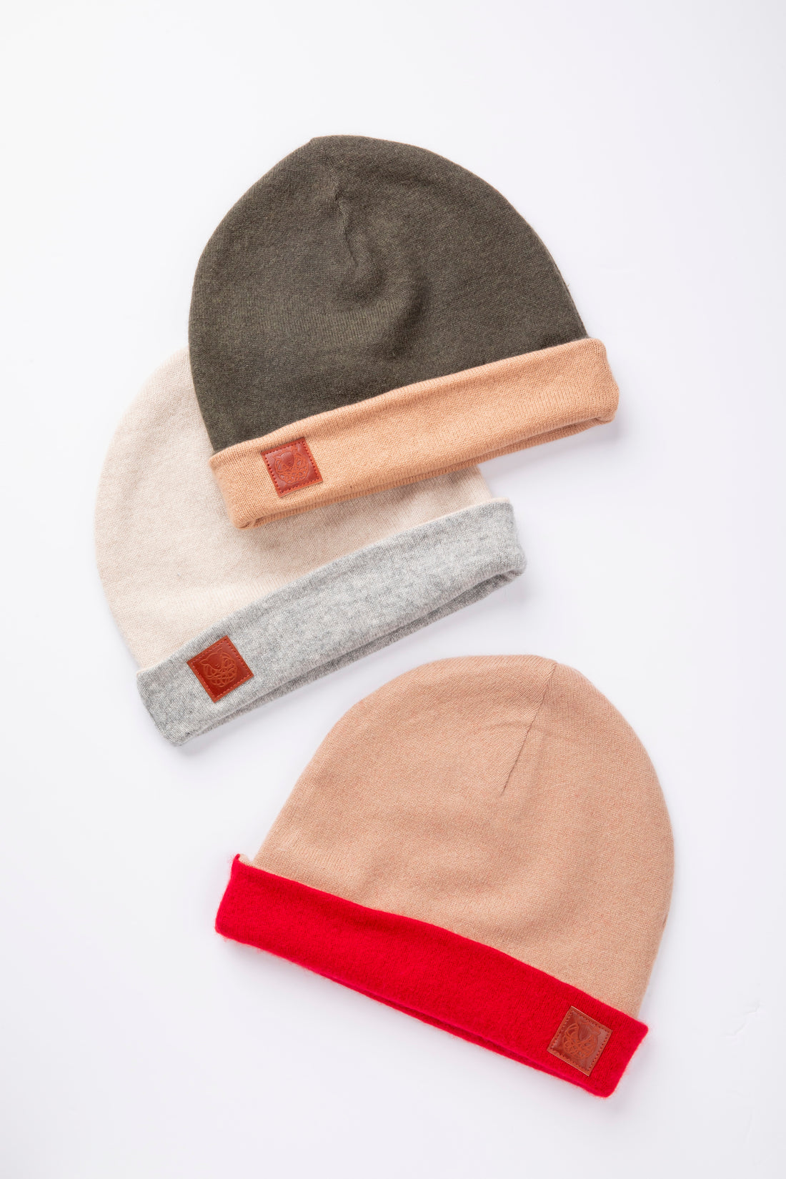 Classic Beanie Set - Dark Green and Beige, Light Gray and Light Beige, Red and Beige