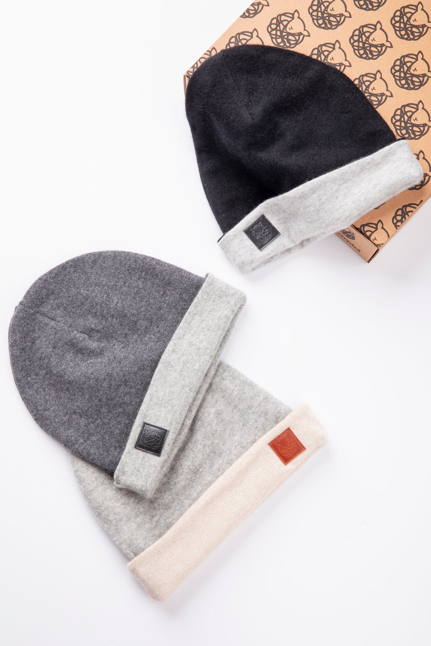 Neutral Beanie Set - Light Gray and Dark Gray, Black and Light Gray, Light Gray and Light Beige