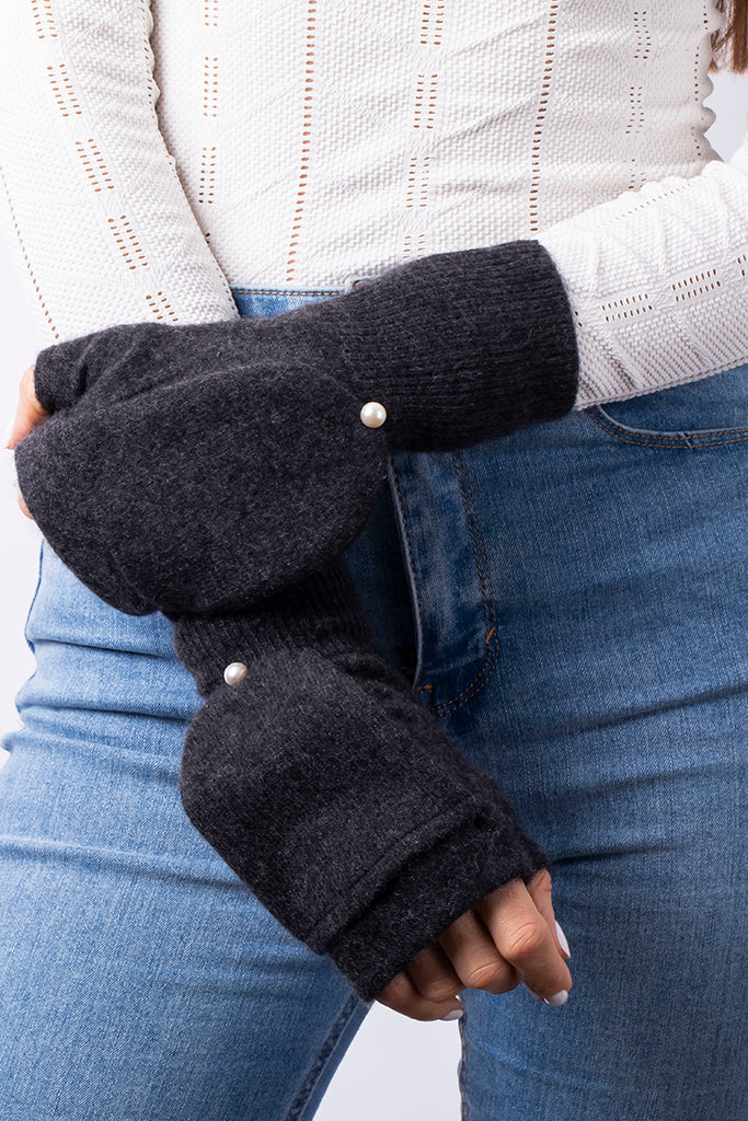 Dark Gray- Cashmere Fingerless Flap Gloves