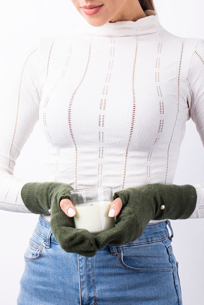 Dark Green - Cashmere Fingerless Flap  Gloves