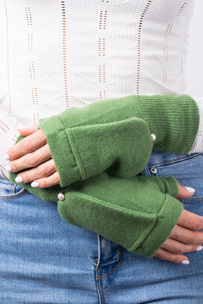 Green- Cashmere Fingerless Flap  Gloves