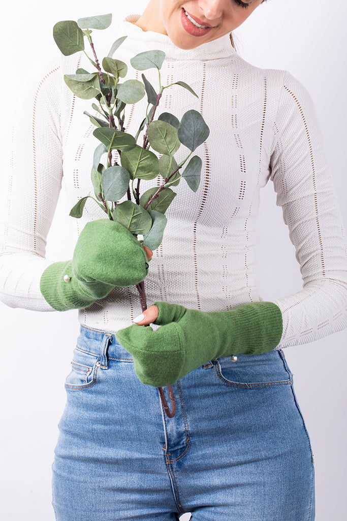Green- Cashmere Fingerless Flap  Gloves