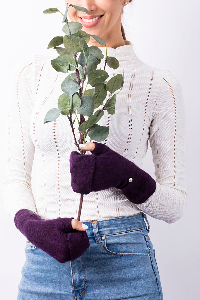 Dark Purple - Cashmere Fingerless Flap Gloves