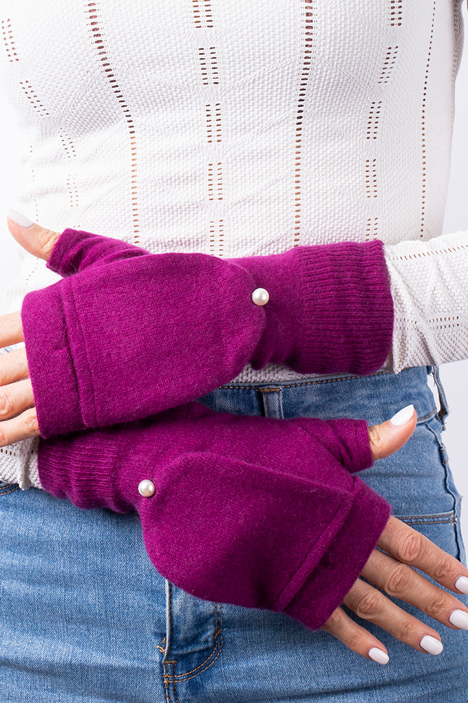 Dark Pink - Cashmere Fingerless Flap Gloves