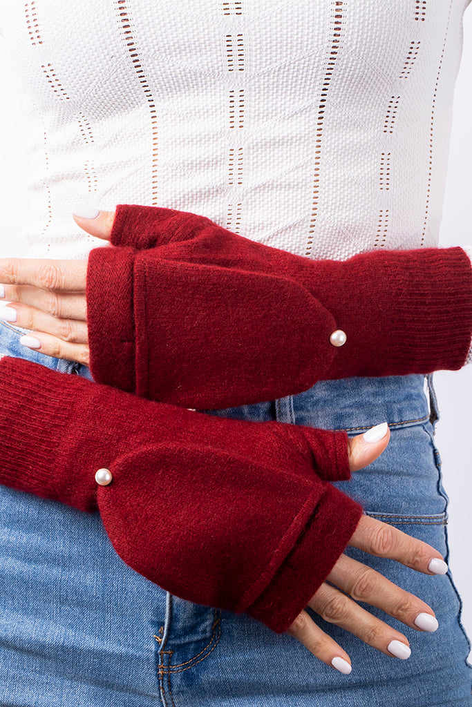 Dark Red - Cashmere Fingerless Flap  Gloves