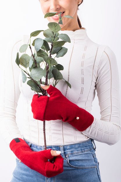 Red- Cashmere Fingerless Flap Gloves