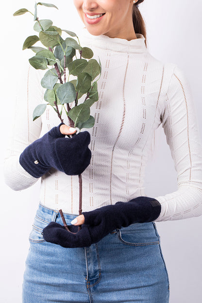 Navy Blue - Cashmere Fingerless Flap Gloves