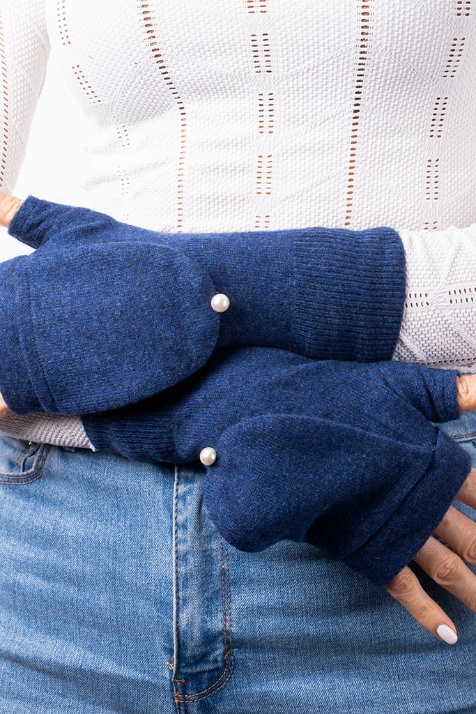 Dark Blue - Cashmere Fingerless Flap Gloves