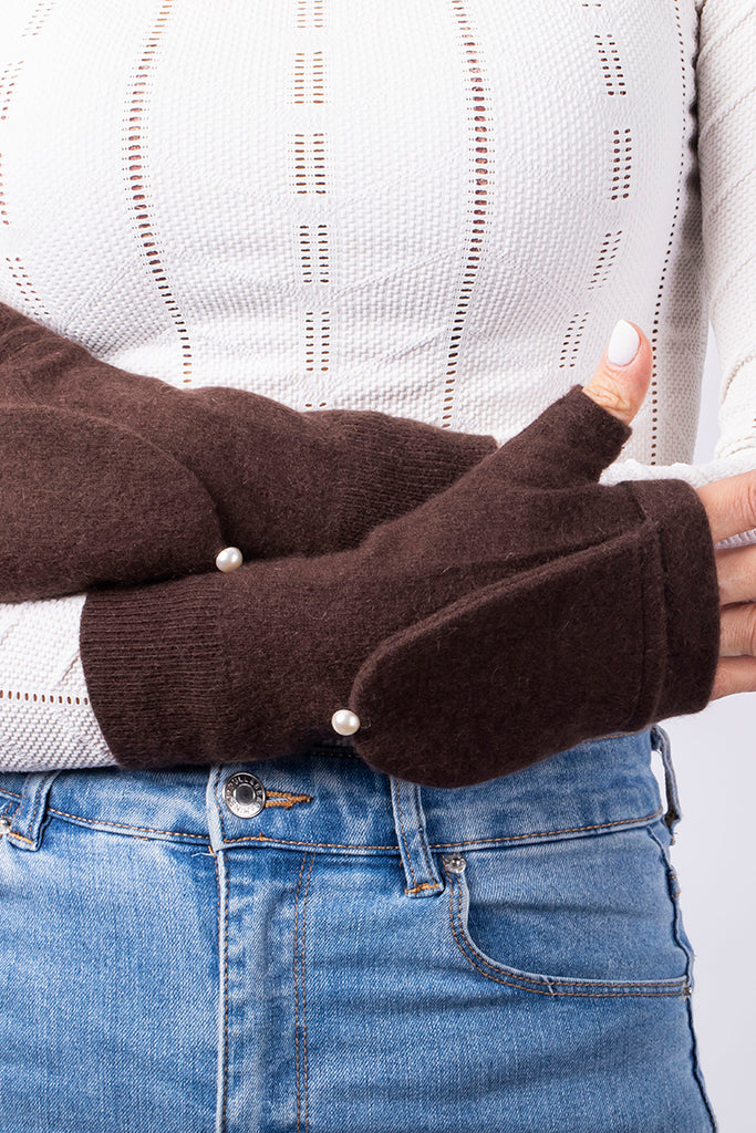 Brown - Cashmere Fingerless Flap  Gloves