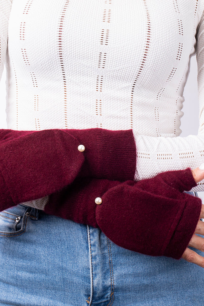 Maroon Red - Cashmere Fingerless Flap Gloves