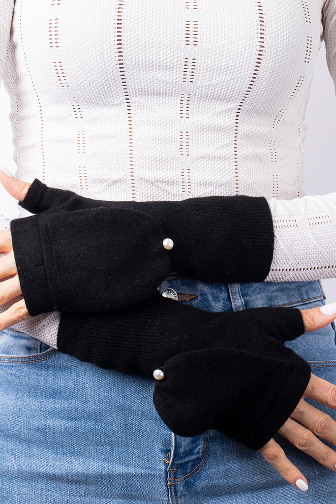 Black - Cashmere Fingerless Flap Gloves