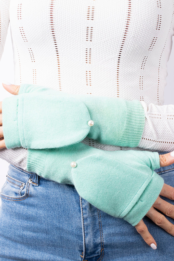 Ocean Green- Cashmere  Fingerless Flap Gloves