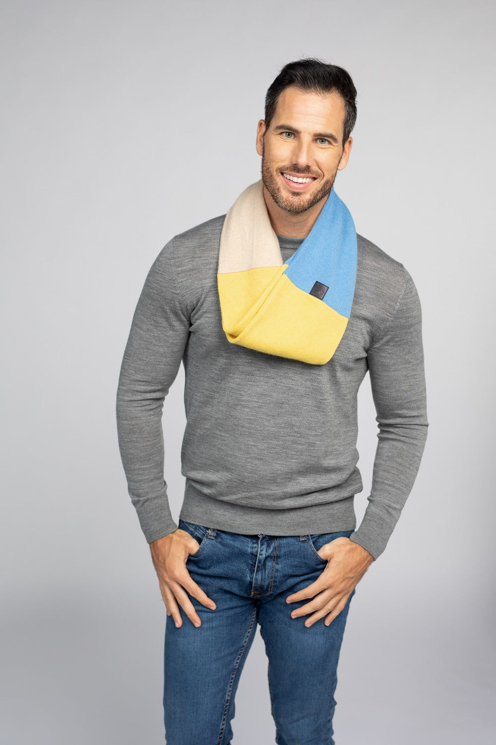 Yellow and Sky Blue - Cashmere Infinity Scarf for Men