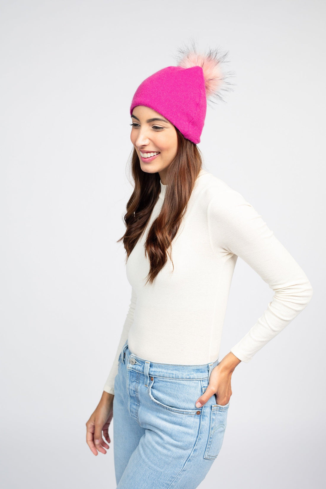 Fuchasia with Peach Pom Pom - Cashmere Beanie for Women