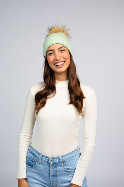 Pistachio with Brown Pom Pom - Cashmere Beanie for Women