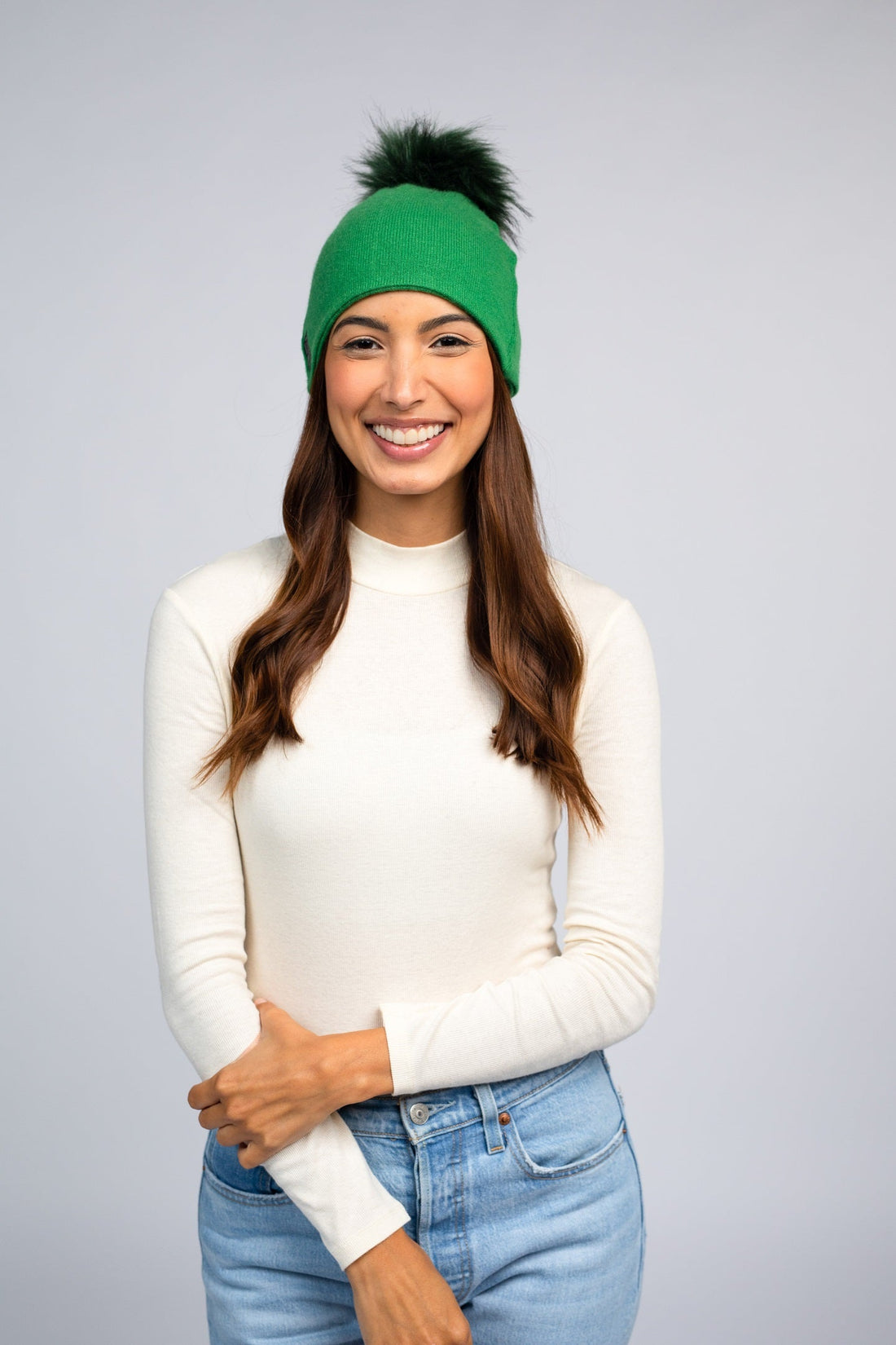 Kelly Green with Green Pom Pom - Cashmere Beanie for Women