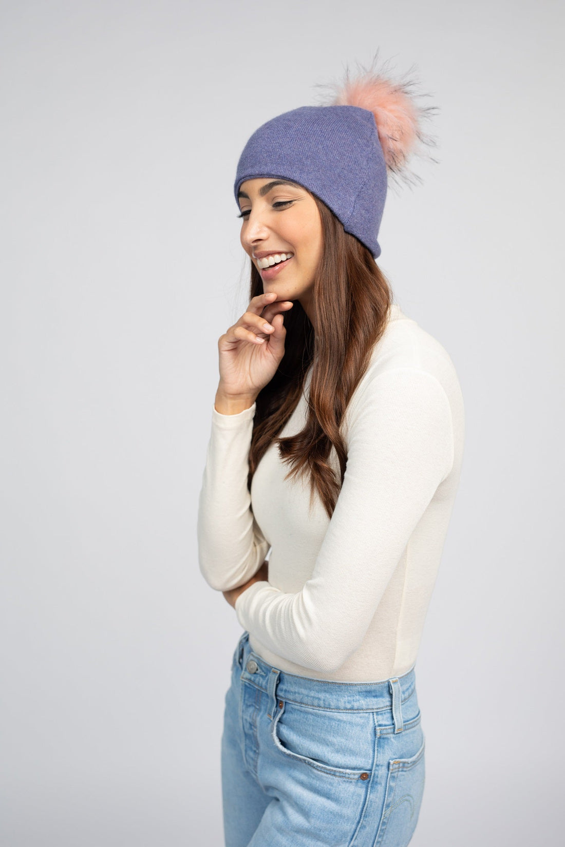 Grape Purple with Peach Pom Pom - Cashmere Beanie for Women