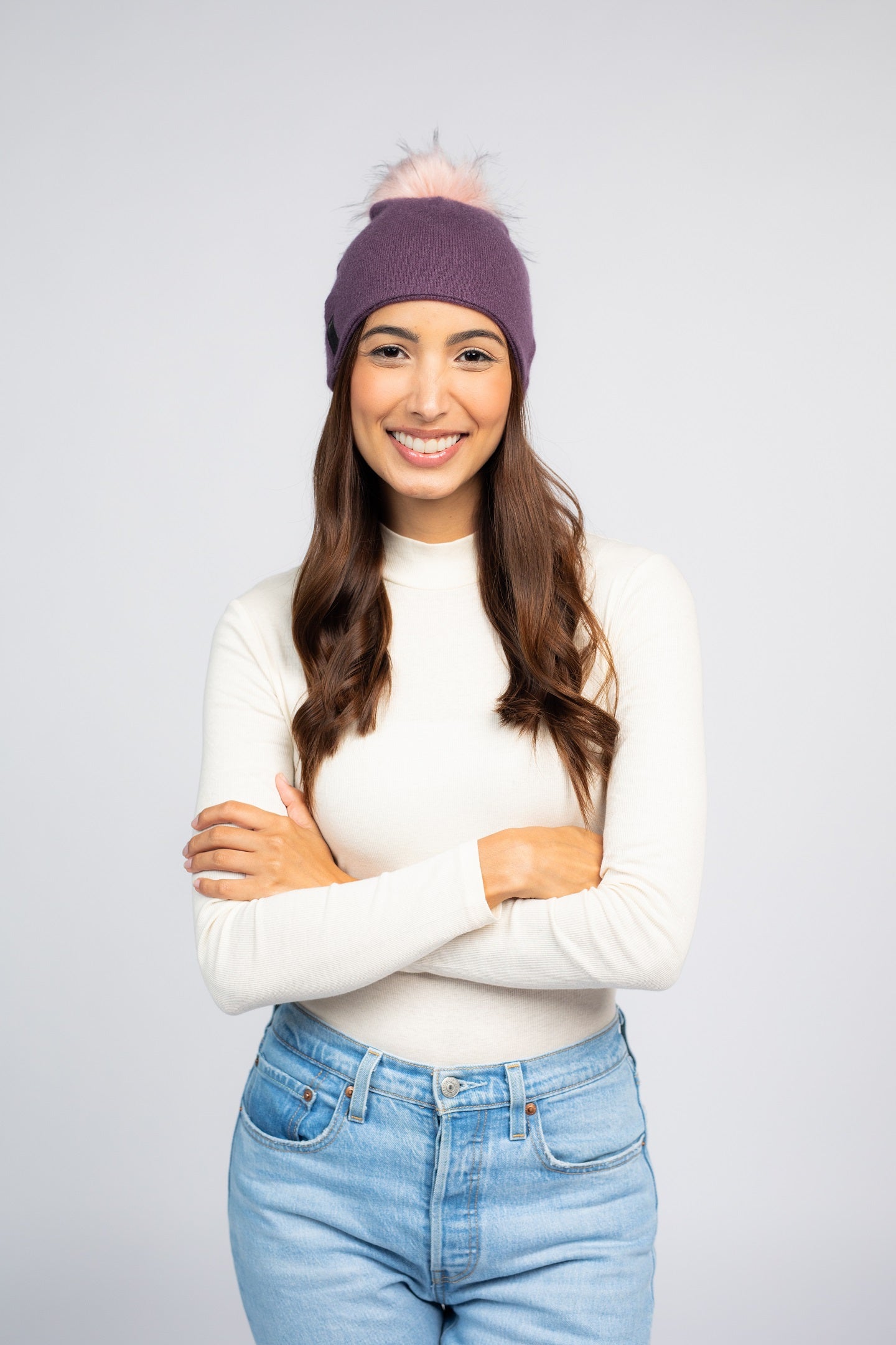 Dark Purple with Peach Pom Pom - Cashmere Beanie for Women