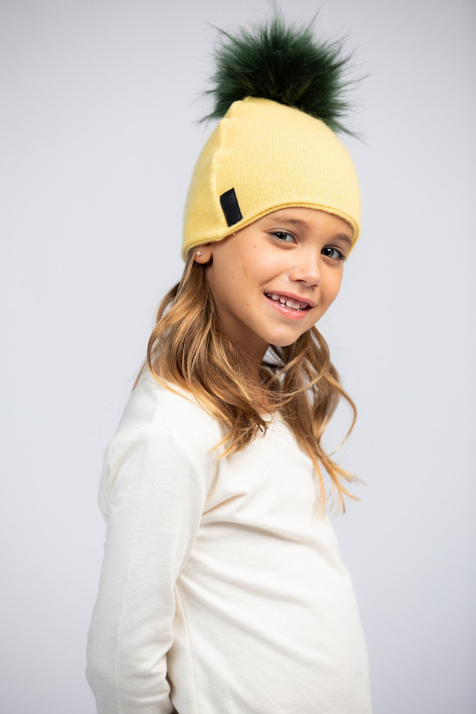 Yellow with Green - Cashmere Beanie for Kids
