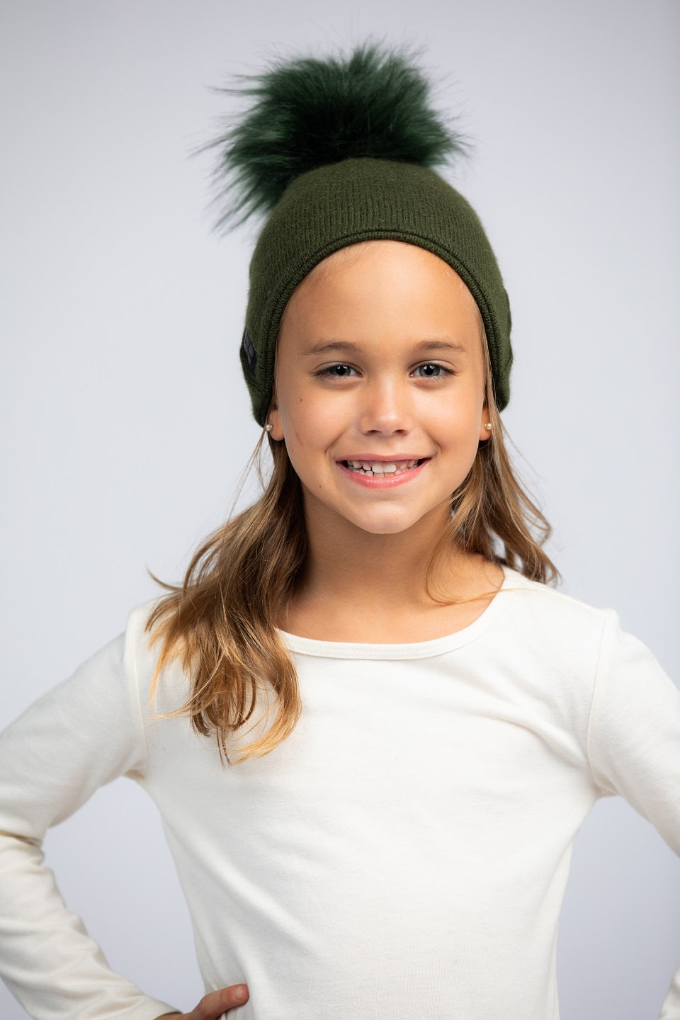 Military Green with Green - Cashmere Beanie for Kids