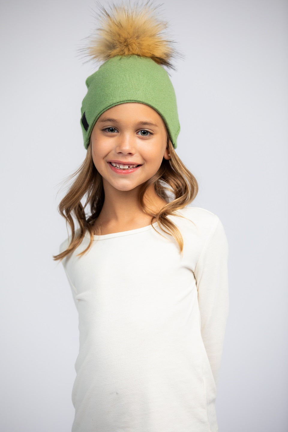 Lime Green with Brown - Cashmere Beanie for Kids
