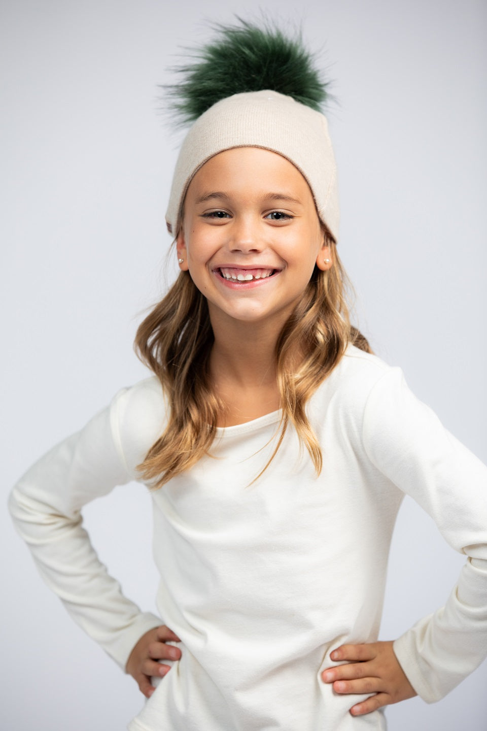 Pebble with Green - Cashmere Beanie for Kids