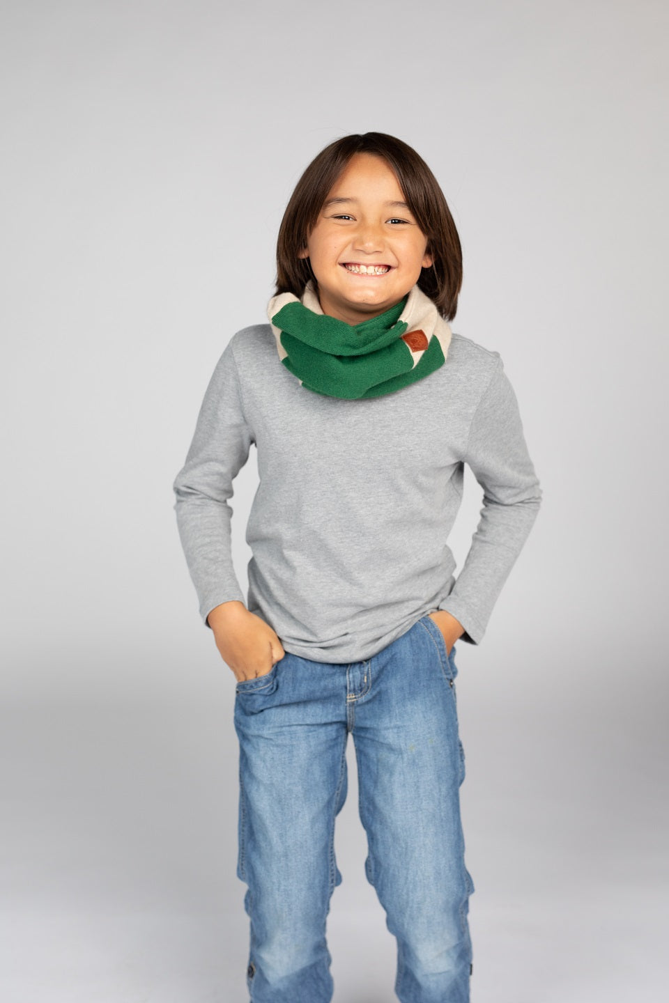 Green and Beige - Cashmere Infinity Scarf for Kids